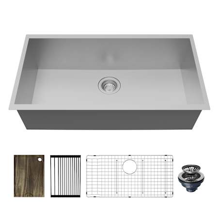 Karran USA Fusion 33" Undermount Single Basin Stainless Steel Kitchen Sink with Centerset Drain, Basin Rack, Basket Strainer and Cutting Board Satin Brushed
