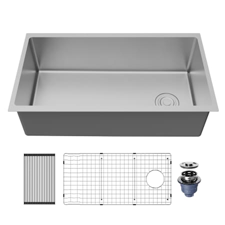 Karran USA Fusion 33" Undermount Single Basin Stainless Steel Kitchen Sink with Basin Rack and Basket Strainer Satin Brushed