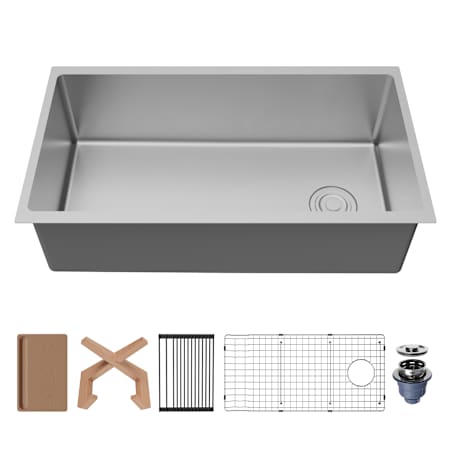 Karran USA Fusion 33" Undermount Single Basin Stainless Steel Kitchen Sink with Basin Rack, Basket Strainer and Cutting Board Satin Brushed