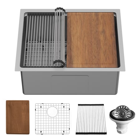 Karran USA Elite Workstation 23" Undermount Single Basin Stainless Steel Kitchen Sink with Basin Rack, Basket Strainer and Cutting Board Satin Brushed