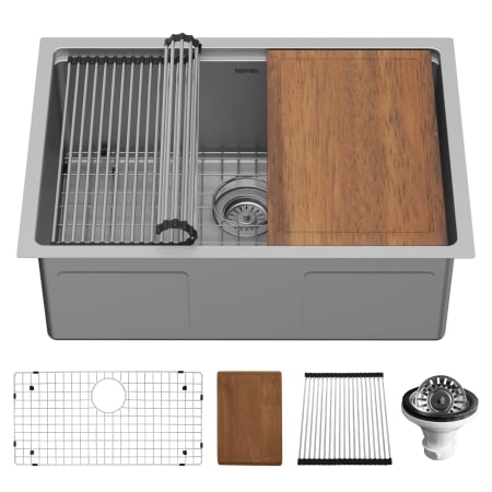 Karran USA Elite Workstation 27" Undermount Single Basin Stainless Steel Kitchen Sink with Basin Rack, Basket Strainer and Cutting Board Satin Brushed