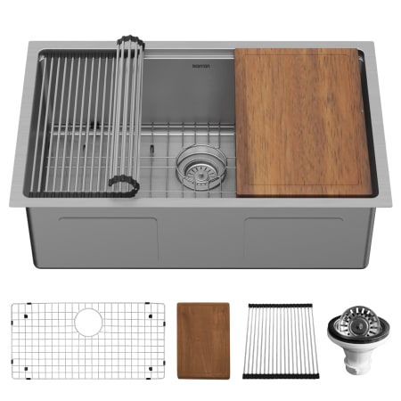 Karran USA Elite Workstation 30" Undermount Single Basin Stainless Steel Kitchen Sink with Basin Rack, Basket Strainer and Cutting Board Satin Brushed