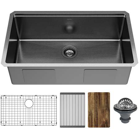 Karran USA Elite Workstation 32" Undermount Single Basin Stainless Steel Kitchen Sink with Basin Rack, Basket Strainer and Cutting Board Gunmetal Black
