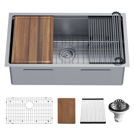 Karran USA Elite Workstation 32" Undermount Single Basin Stainless Steel Kitchen Sink with Basin Rack, Basket Strainer and Cutting Board Satin Brushed