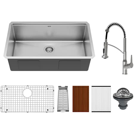 Karran USA Elite Workstation 32" Undermount Single Basin Stainless Steel Kitchen Sink with Single Hole 1.8 GPM Kitchen Faucet and Sink Accessories Stainless Steel
