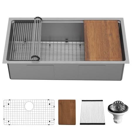 Karran USA Elite Workstation 36" Undermount Single Basin Stainless Steel Kitchen Sink with Basin Rack, Basket Strainer and Cutting Board Satin Brushed