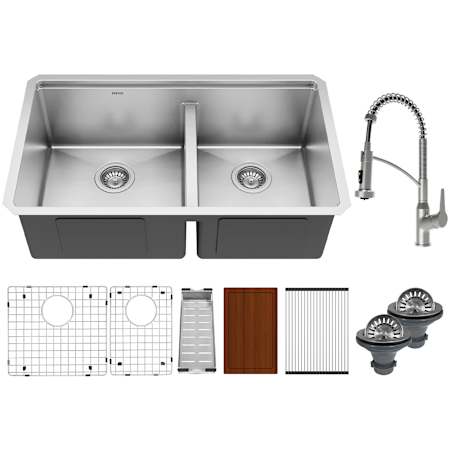 Karran USA Elite Workstation 32" Undermount Double Basin Stainless Steel Kitchen Sink with Single Hole 1.8 GPM Kitchen Faucet and Sink Accessories Stainless Steel