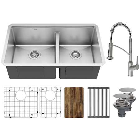 Karran USA Elite Workstation 32" Undermount Double Basin Stainless Steel Kitchen Sink with Scottsdale Pull-Down Faucet Satin Brushed