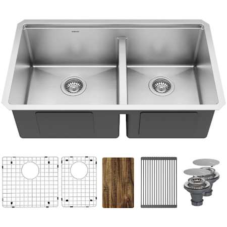 Karran USA Elite Workstation 32" Rear-Drain Undermount Double Basin Stainless Steel Kitchen Sink with Basin Rack, Basket Strainer and Cutting Board Satin Brushed