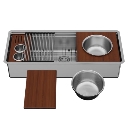 Karran USA Elite Workstation 45" Farmhouse Single Basin Stainless Steel Kitchen Sink with Basin Rack, Basket Strainer and Cutting Board Satin Brushed