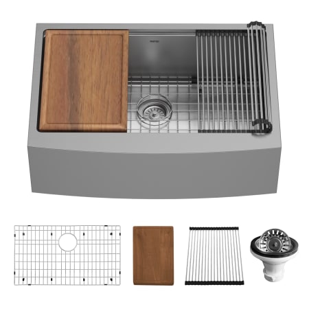 Karran USA Elite Workstation 30" Farmhouse Single Basin Stainless Steel Kitchen Sink with Basin Rack, Basket Strainer and Cutting Board Satin Brushed