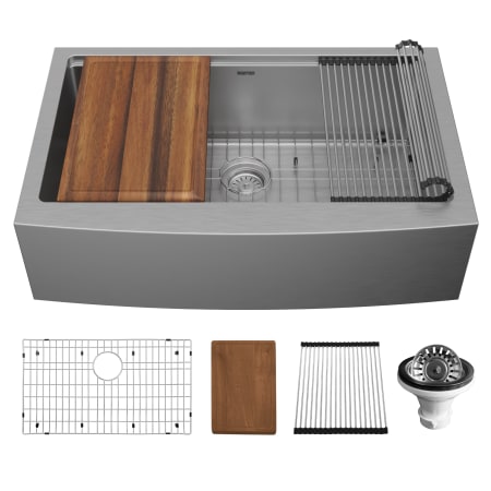 Karran USA Elite Workstation 33" Farmhouse Single Basin Stainless Steel Kitchen Sink with Basin Rack, Basket Strainer and Cutting Board Satin Brushed