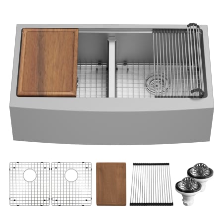 Karran USA Elite Workstation 36" Farmhouse Double Basin Stainless Steel Kitchen Sink with Basin Rack, Basket Strainer and Cutting Board Satin Brushed