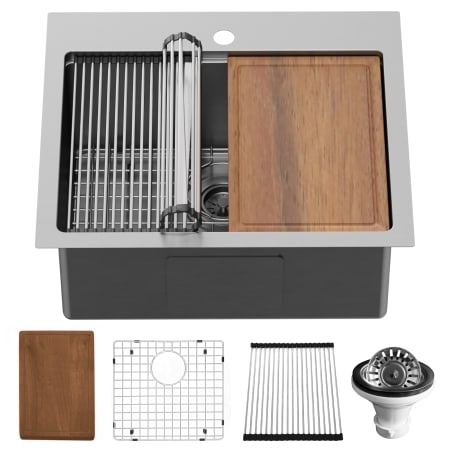 Karran USA Elite Workstation 25" Drop In Single Basin Stainless Steel Kitchen Sink with Basin Rack, Basket Strainer and Cutting Board Satin Brushed