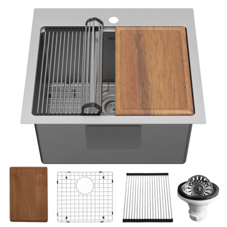 Karran USA Elite Workstation 25" Drop In Single Basin Stainless Steel Kitchen Sink with Basin Rack, Basket Strainer and Cutting Board Satin Brushed