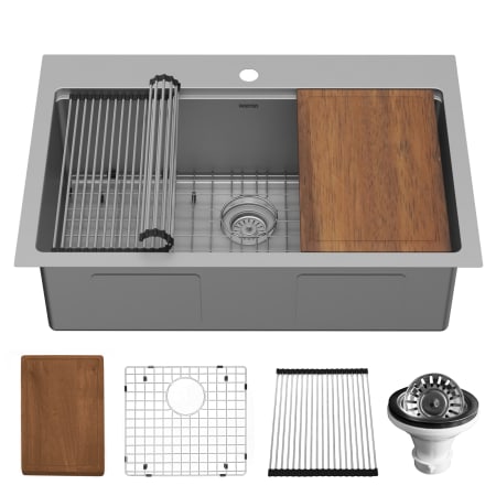 Karran USA Elite Workstation 33" Drop In Single Basin Stainless Steel Kitchen Sink with Basin Rack, Basket Strainer and Cutting Board Satin Brushed