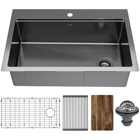 Karran USA Elite Workstation 33" Drop In Single Basin Stainless Steel Kitchen Sink with Basin Rack, Basket Strainer and Cutting Board Gunmetal Black