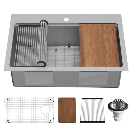 Karran USA Elite Workstation 33" Drop In Single Basin Stainless Steel Kitchen Sink with Basin Rack, Basket Strainer and Cutting Board Satin Brushed