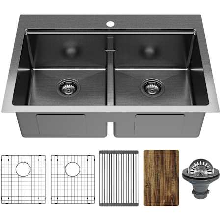 Karran USA Elite Workstation 33" Drop In Double Basin Stainless Steel Kitchen Sink with Basin Rack, Basket Strainer and Cutting Board Gunmetal Black