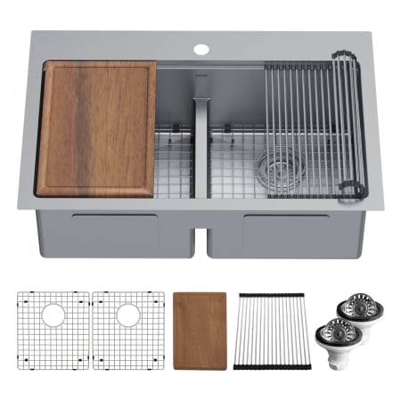 Karran USA Elite Workstation 33" Drop In Double Basin Stainless Steel Kitchen Sink with Basin Rack, Basket Strainer and Cutting Board Satin Brushed
