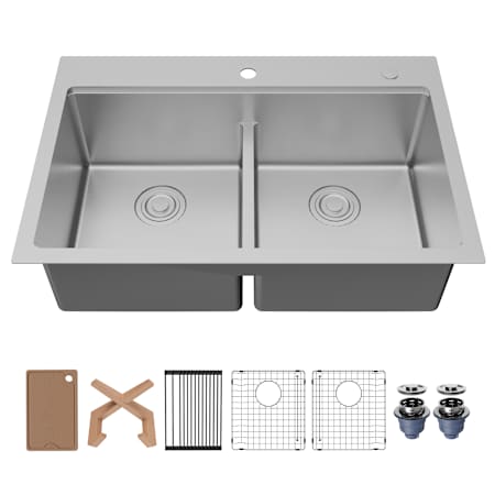 Karran USA Fusion 33" Drop In Double Basin Stainless Steel Kitchen Sink with Basin Rack, Basket Strainer and Cutting Board Satin Brushed