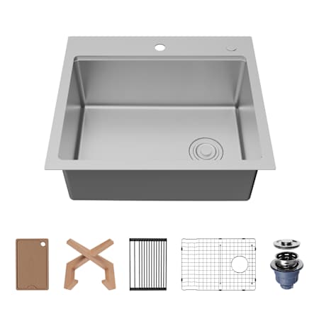 Karran USA Fusion 25" Drop In Single Basin Stainless Steel Kitchen Sink with Basin Rack, Basket Strainer and Cutting Board Satin Brushed