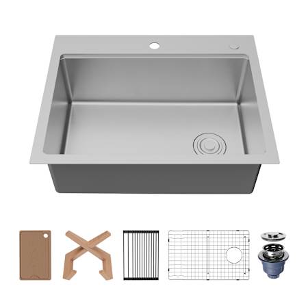 Karran USA Fusion 28" Drop In Single Basin Stainless Steel Kitchen Sink with Basin Rack, Basket Strainer and Cutting Board Satin Brushed