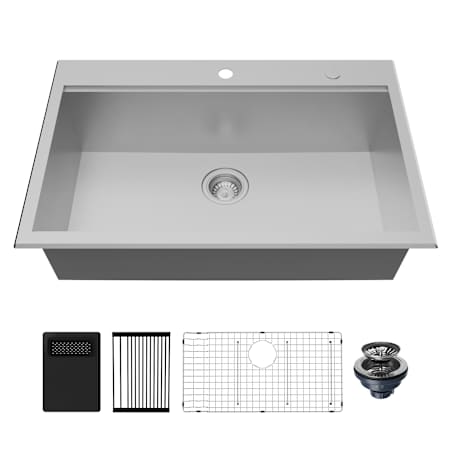 Karran USA Fusion 33" Drop In Single Basin Stainless Steel Kitchen Sink with Centerset Drain, Basin Rack, Basket Strainer and Cutting Board Satin Brushed