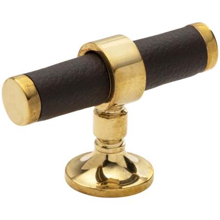 Keeler Umber 2-1/4" Luxury T Bar Solid Brass and Leather Custom Exclusive Cabinet / Drawer Bar Knob Unlacquered Brass / Dream Cow