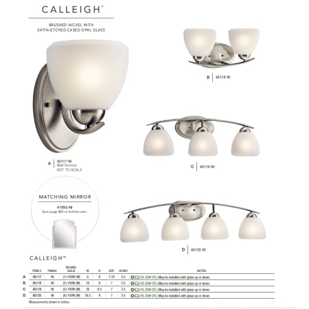 The Kichler Calleigh collection in Brushed Nickel from the Kichler catalog.