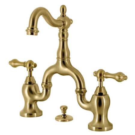 Kingston Brass English Country 1.2 GPM Bridge, Widespread Bathroom Faucet with Pop-Up Drain Assembly Brushed Brass