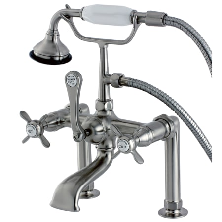 Kingston Brass Essex Deck Mounted Clawfoot Tub Filler Trim with Cross Handles and Integrated Diverter - Handshower Included Brushed Nickel