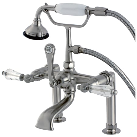 Kingston Brass Wilshire Deck Mounted Roman Tub Filler with Built-In Diverter - Includes Hand Shower Brushed Nickel