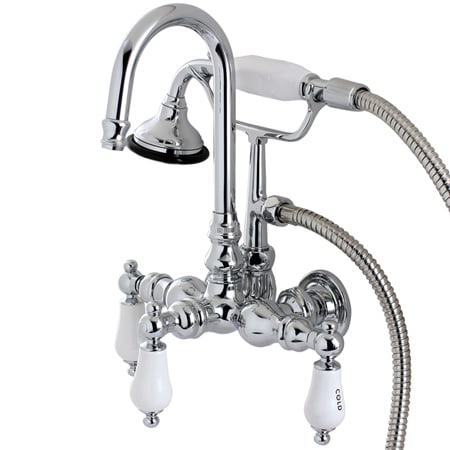 Kingston Brass Aqua Vintage Wall Mounted Clawfoot Tub Filler with Porcelain Lever Handles - Includes Personal Hand Shower Polished Chrome