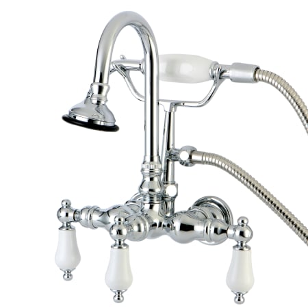 Kingston Brass Aqua Vintage Wall Mounted Clawfoot Tub Filler with Porcelain Lever Handle - Includes Personal Hand Shower Polished Chrome