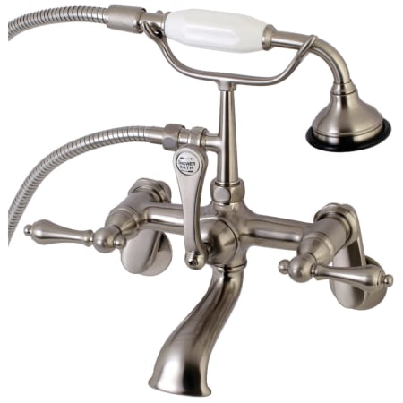 Kingston Brass Aqua Vintage Wall Mounted Clawfoot Tub Filler with Built-In Diverter - Includes Hand Shower Brushed Nickel