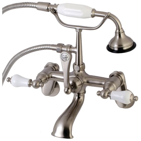 Kingston Brass Aqua Vintage Wall Mounted Clawfoot Tub Filler with Built-In Diverter - Includes Hand Shower Brushed Nickel