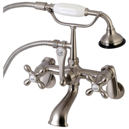 Kingston Brass Aqua Vintage Wall Mounted Clawfoot Tub Filler with Built-In Diverter - Includes Hand Shower Brushed Nickel