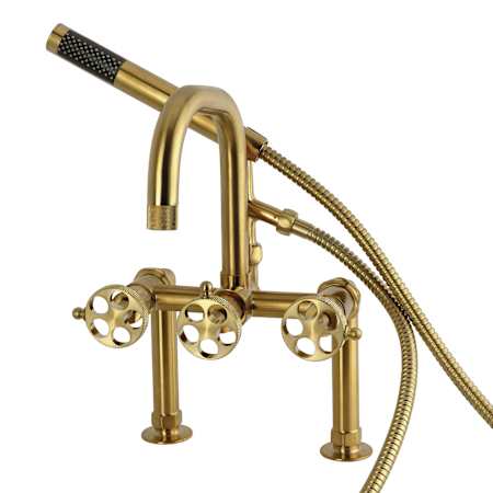 Kingston Brass Webb Deck Mounted Roman Tub Filler with Built-In Diverter - Includes Hand Shower Brushed Brass