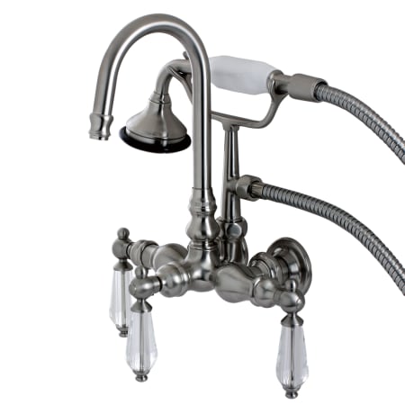Kingston Brass Wilshire Wall Mounted Tub Filler Trim with Lever Handles and Integrated Diverter - Handshower Included Brushed Nickel