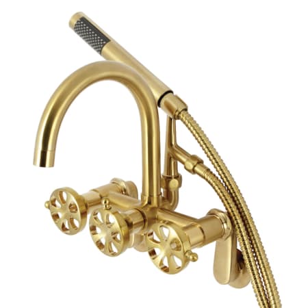 Kingston Brass Belknap Wall Mounted Tub Filler with Built-In Diverter - Includes Hand Shower Brushed Brass