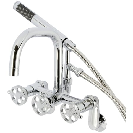 Kingston Brass Webb Wall Mounted Tub Filler with Built-In Diverter - Includes Hand Shower Polished Chrome