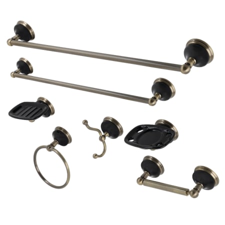 Kingston Brass Water Onyx 7 Piece Bathroom Package with 24" Towel Bar, Towel Ring, Soap Dish, Tooth Brush/Tumbler Holder, Robe Hook, and Toilet paper holder Antique Brass
