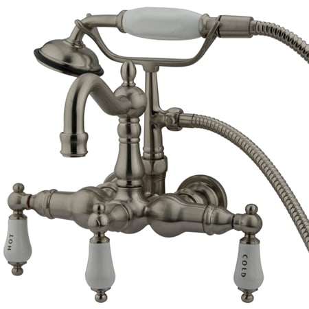 Kingston Brass Vintage Wall Mounted Clawfoot Tub Filler with Personal Hand Shower and Porcelain Lever Handles Brushed Nickel