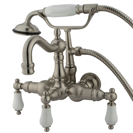 Kingston Brass Vintage Wall Mounted Clawfoot Tub Filler with Personal Hand Shower and Porcelain Lever Handles Brushed Nickel