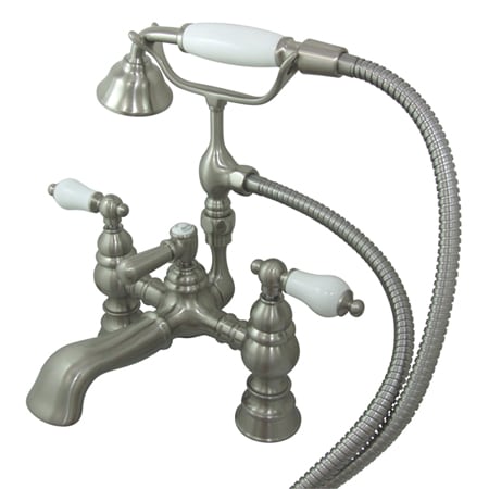 Kingston Brass Vintage Deck Mounted Clawfoot Tub Filler with Personal Hand Shower and Porcelain Lever Handles Brushed Nickel