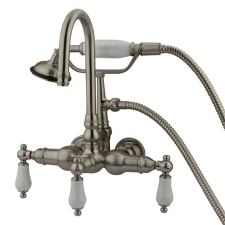 Kingston Brass Vintage Wall Mounted Clawfoot Tub Filler with Personal Hand Shower and Porcelain Lever Handles Brushed Nickel