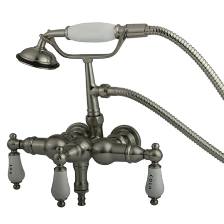 Kingston Brass Vintage Wall Mounted Clawfoot Tub Filler with Personal Hand Shower and Porcelain Lever Handles Brushed Nickel