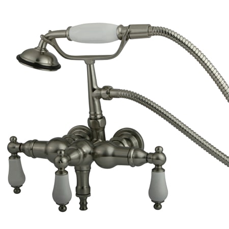 Kingston Brass Vintage Wall Mounted Clawfoot Tub Filler with Personal Hand Shower and Porcelain Lever Handles Brushed Nickel