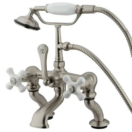 Kingston Brass Vintage Deck Mounted Clawfoot Tub Filler with Personal Hand Shower and Porcelain Cross Handles Brushed Nickel